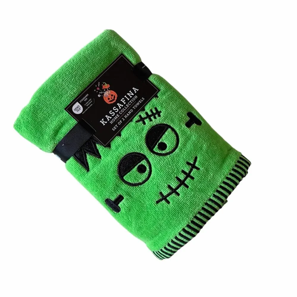 KASSAFINA Halloween Frankenstein Hand Towels 2pc Green Black Embroidered NEW